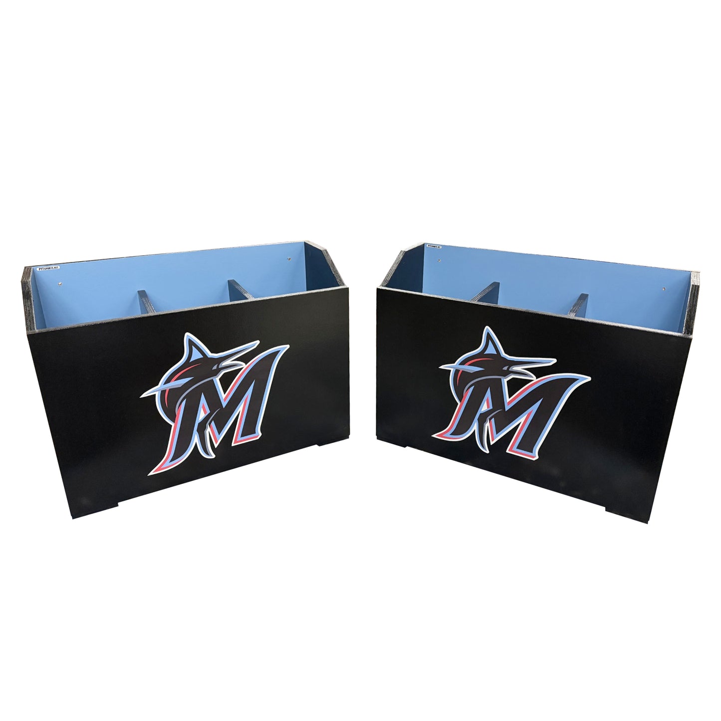 The Kodiak Dugout Bat Storage Box holds 27 baseball or softball bats and features a black exterior with a blue interior and a fish-inspired M logo, ideal for dugout bat organization.