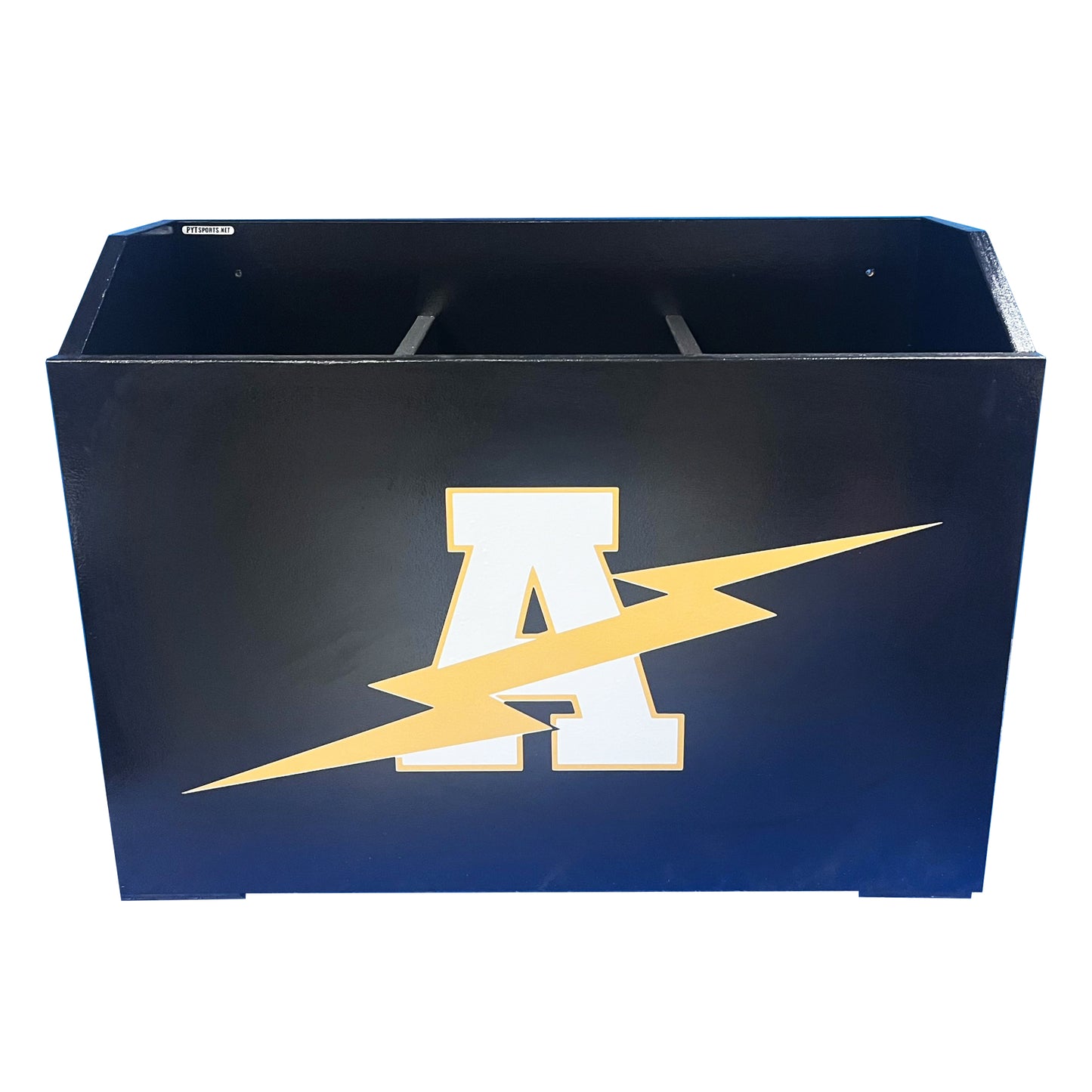 The Kodiak Dugout Bat Storage Box is a black rectangular, weather-resistant box for organized dugout storage, featuring a large white A with a yellow outline and lightning bolt. It holds up to 27 baseball or softball bats.