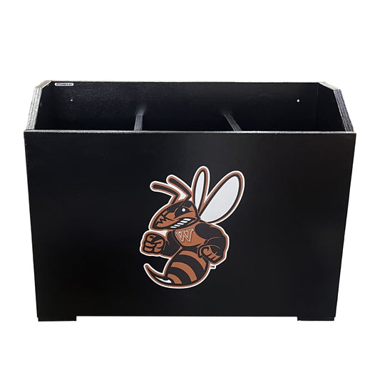 The Kodiak Dugout Bat Storage Box is a black rectangular wooden 27-bat box with a cartoon hornet mascot logo—aggressive expression, clenched fists, and outlined in brown, white, and black—for reliable weather-resistant dugout bat storage.