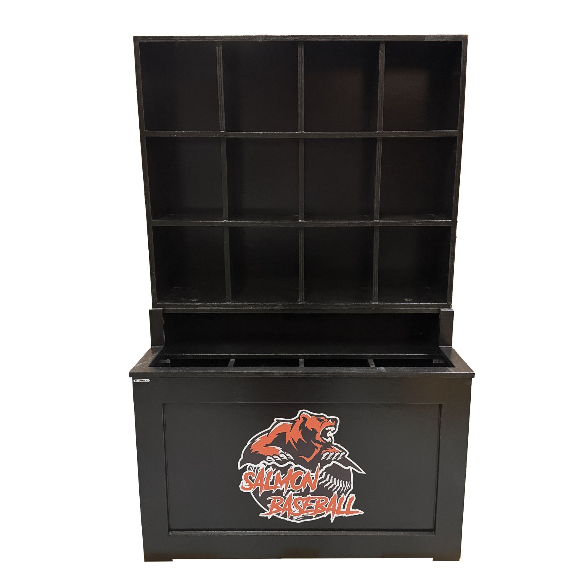 The Sergeant Major Dugout Helmet and Bat Rack is a black, weather-resistant storage unit with an open lid, 12 helmet compartments, bat organizer slots, and a bold Salmon Baseball logo—ideal dugout furniture for any baseball or softball team.