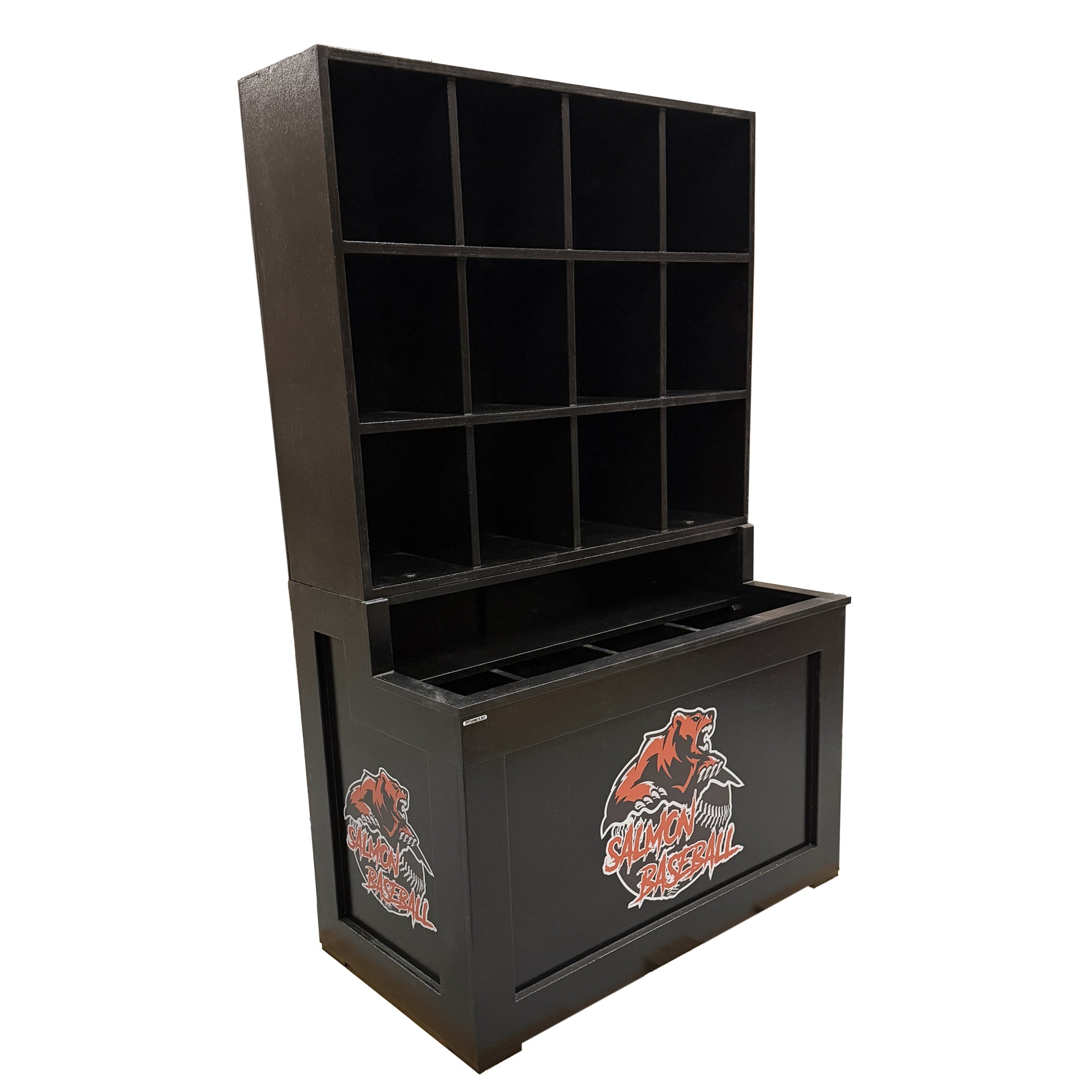 The Sergeant Major Dugout Helmet and Bat Rack is a black wooden storage unit with twelve compartments for helmets and four slots for bats, featuring a bear and football logo plus "MIDNIGHT FOOTBALL" on the front—ideal for baseball or softball organization.