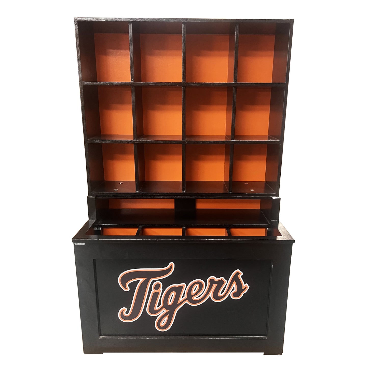 The Sergeant Major Dugout Helmet and Bat Rack is a weather-resistant black shelf with open cubbies and orange backing, featuring "Tigers" in bold script—ideal for organizing up to 12 helmets and bats in any team dugout.
