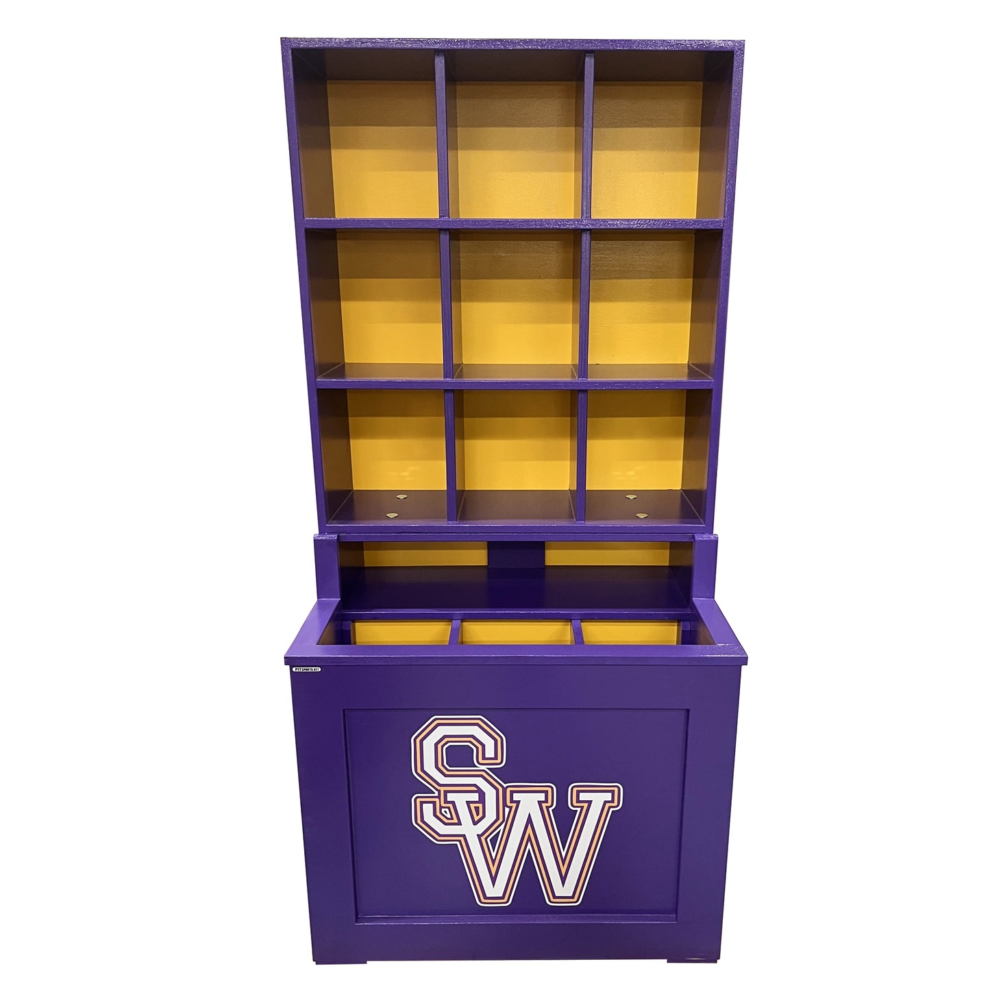 The Trooper Dugout Helmet and Bat Rack is a purple and gold 9-helmet baseball & softball storage unit with cubby compartments, large white SW letters outlined in red on the lower front panel, and a plain white background. Perfect as a dugout organizer.