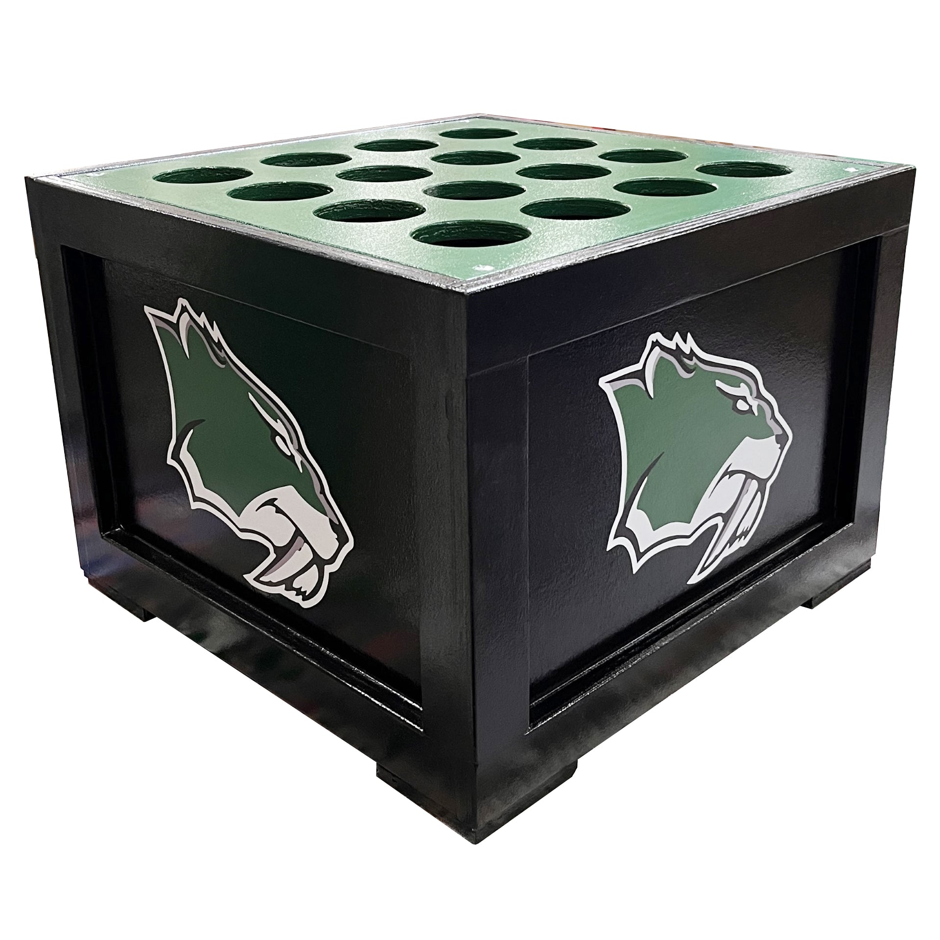 The Viper Free-Standing Dugout Bat Box is a black and green metal rack with 16 circular bat slots and wildcat head logos on the sides—ideal team equipment for organized bat storage in the dugout.