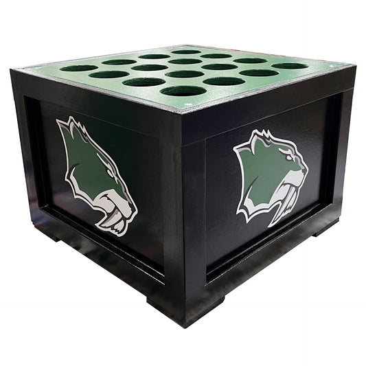 The Viper Free-Standing Dugout Bat Box is a black and green metal rack with 16 circular bat slots and wildcat head logos on the sides—ideal team equipment for organized bat storage in the dugout.