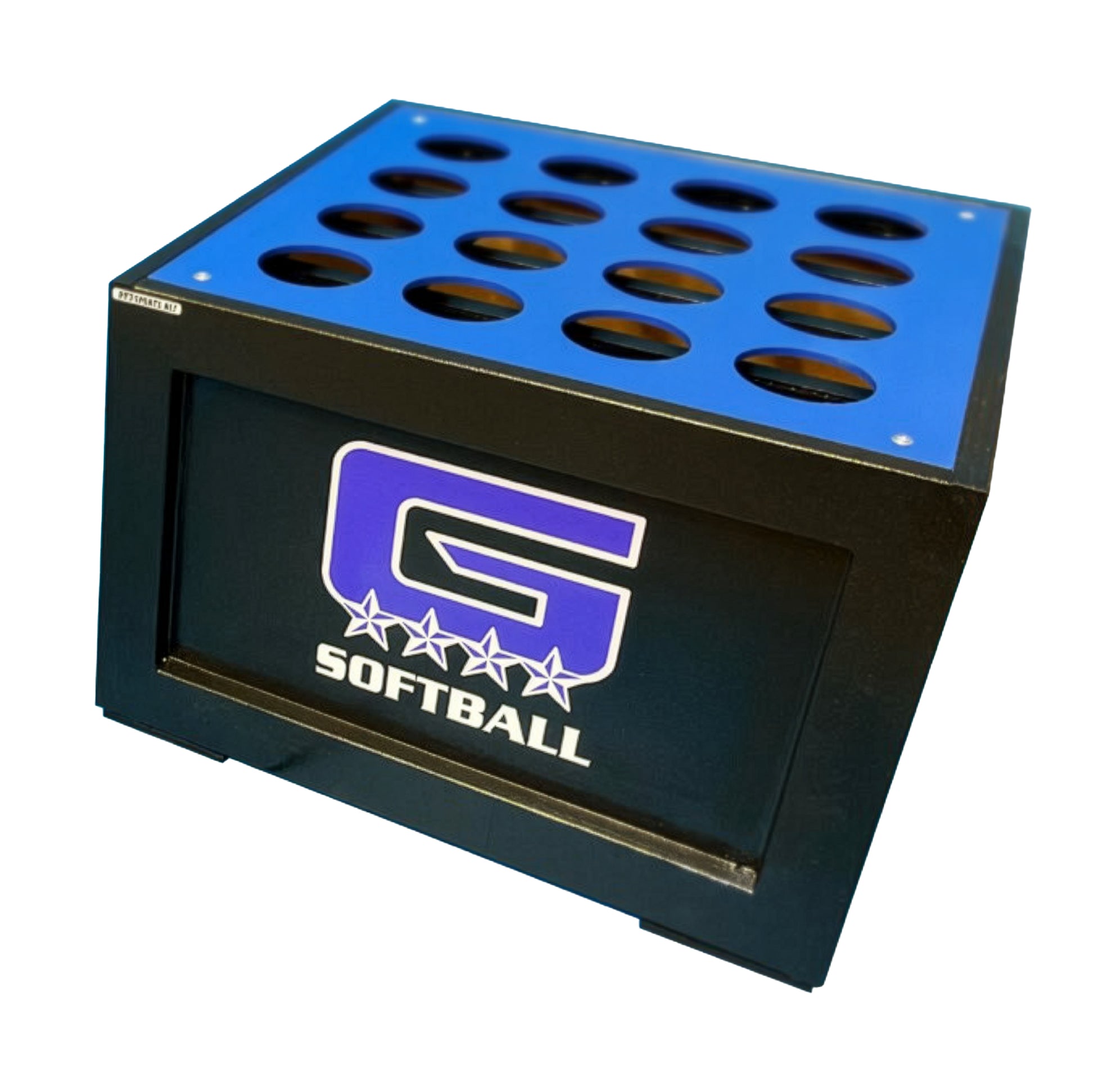 The Viper Free-Standing Dugout Bat Box | 16 Bat Storage Box is a black and blue metal box with circular top holes and a large G Softball logo, designed for dugout equipment as a baseball or softball bat rack.