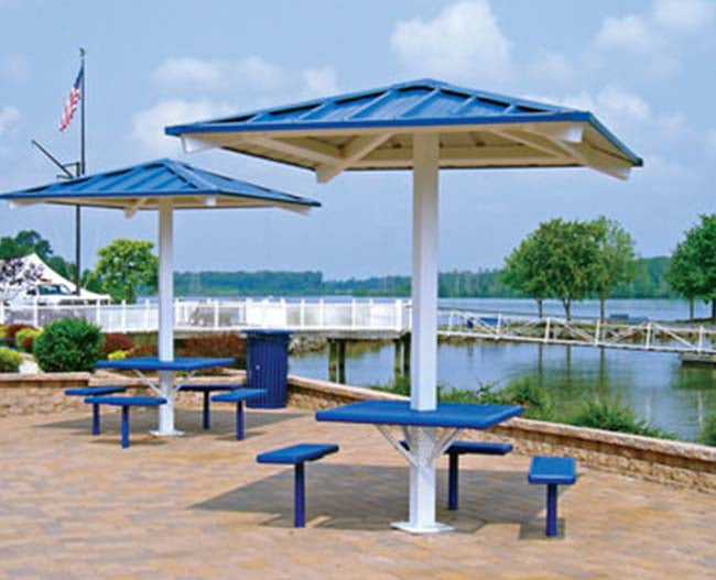 Model #RCPASSQ81P-04. 8'x8' all steel one post square hip shelter with connecting table and benches.