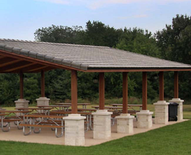 Model #RCPLWG3044-03. 30'x44' laminate wood gable park shelter with masonry column wraps.