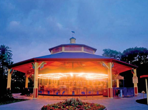 Model #RCPLWOCT842T-04-C. 84' diameter laminated wood two-tier octagonal carousel cover shelter with cupola.