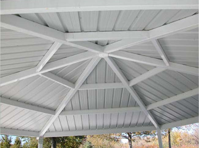 Gazebo style park shelter inside of roof.