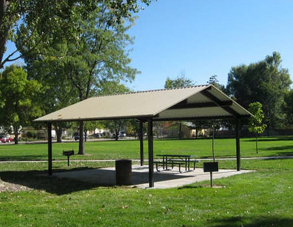 Model #RCPASG2424-04. 24'x24' all steel gable park shelter.