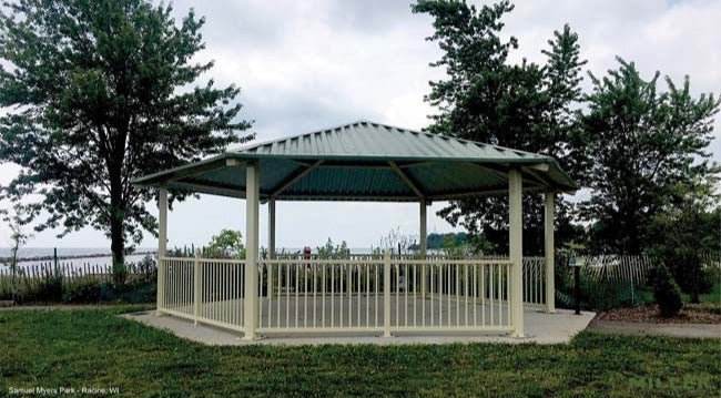 Model #RCPASHEX28-04. 28' radius all steel gazebo style park shelter.