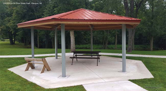 Model #RCPLWHEX24-04. 24' diameter laminated wood hexagon park shelter.