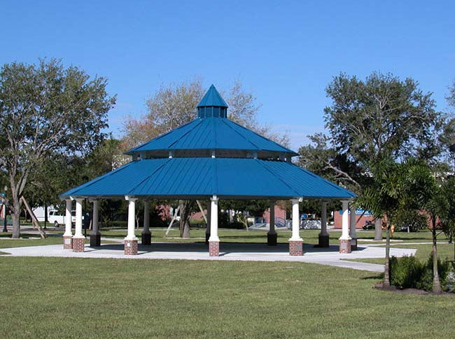Model #RCPASDOD492T-06. 49' diameter all steel two-tier dodecagon park shelter with optional cupola.