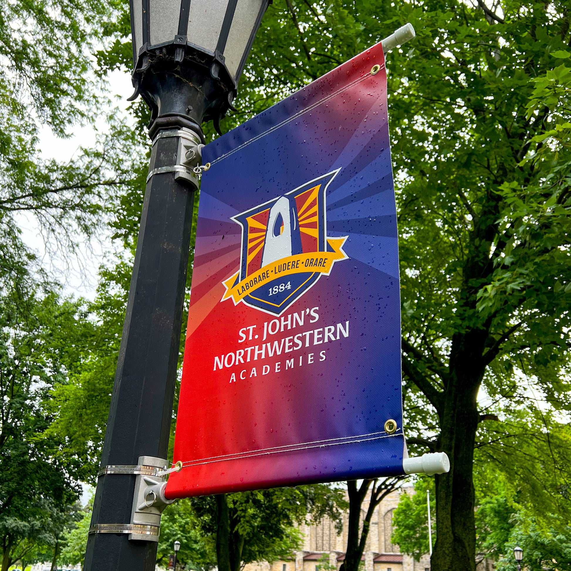 School branding. Light pole banners St. John's Northwestern Academies.