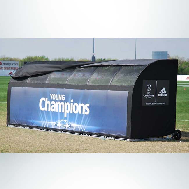 Model #SW1000176. Economy team shelter in black with windows and logo for soccer and lacrosse teams.