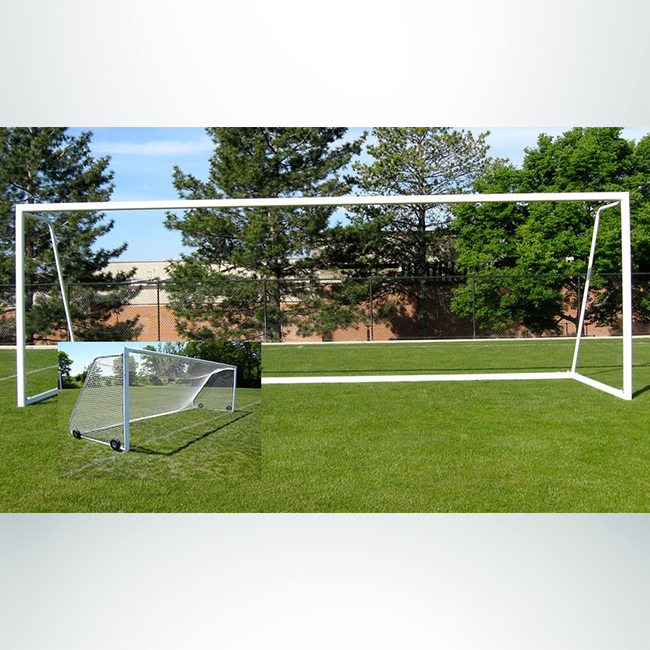 Model #ELITERD4824CABLEPW4. 8' x 24' Elite soccer goal with cable net attachment. Wheels are optional.