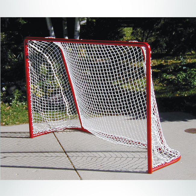 Model #SS64IS. Small sided soccer goal with red frame and white net.