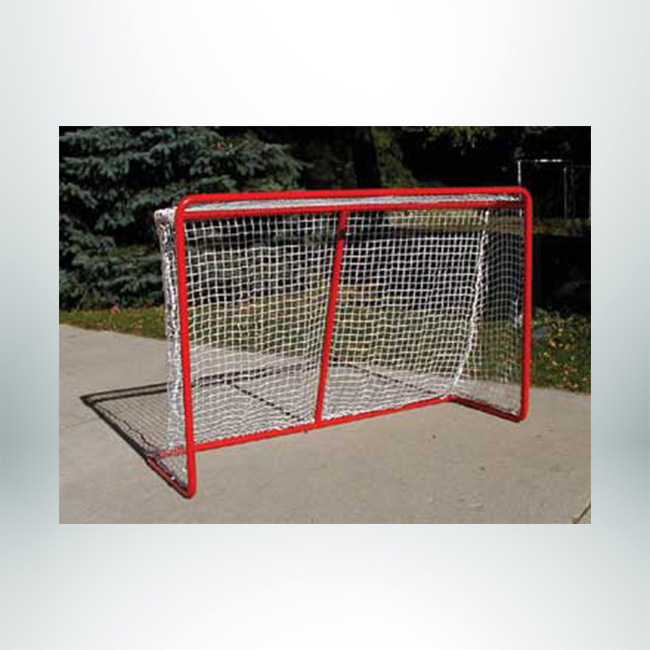 Model #HG100. Hockey goal with powder coated red frame and white net.