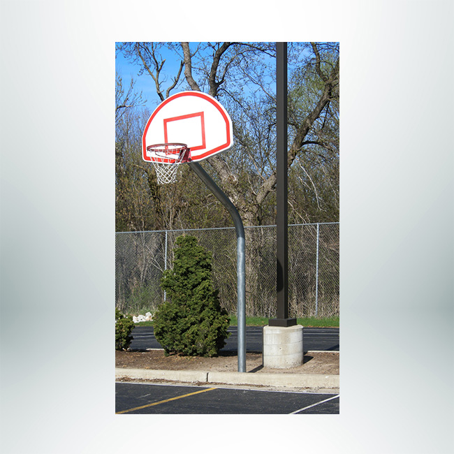 Model #KG460SSUR. Galvanized gooseneck basketball hoop with 60 degree bend in pole. Ideal for school playground use.