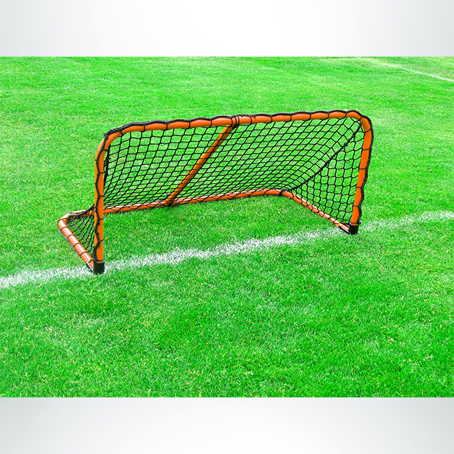 Model #ALUM42. Folding aluminum soccer goal powder coated orange with black net.