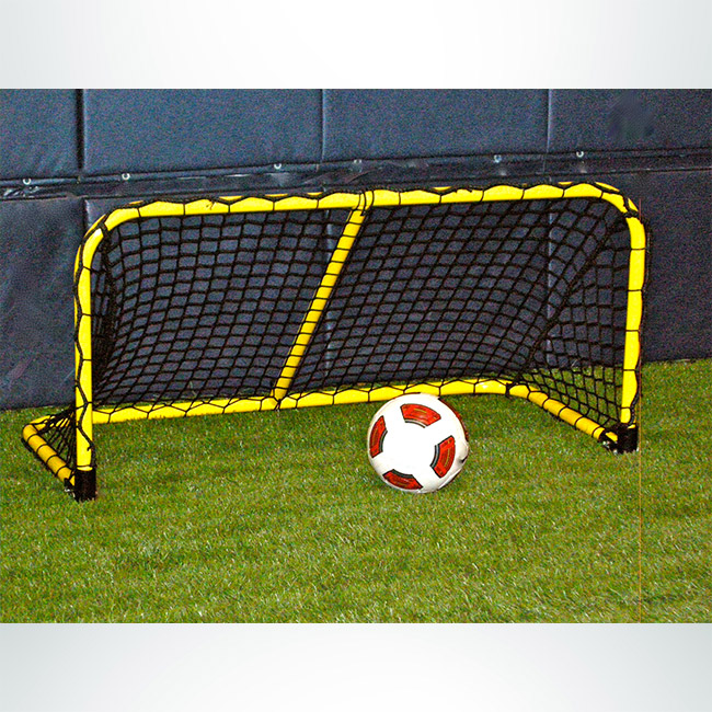 Model #ALUM42. Folding aluminum soccer goal powder coated yellow with black net.