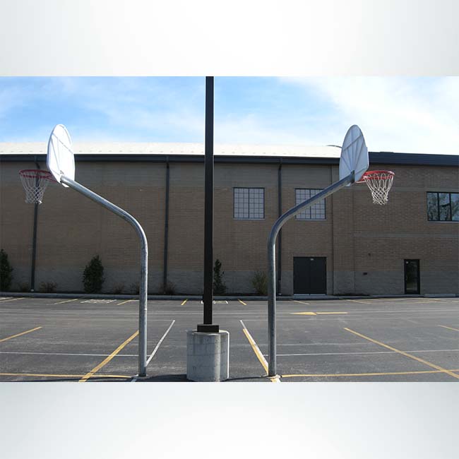 Model #KG460-SS-UR. 60 degree gooseneck basketball pole with backboard and ultimate rim. Ideal for playground use.