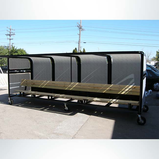 Model #PPS16BOX.16' Deluxe box style heavy duty team shelter with wood bench, packed for shipment.