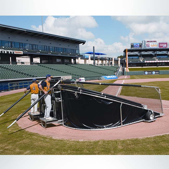 Model #BCBIGBUBBAELITE. Portable baseball batting cage, collapsed.
