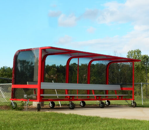 Model #PPS16. 16 foot box style soccer team shelter with aluminum bench.