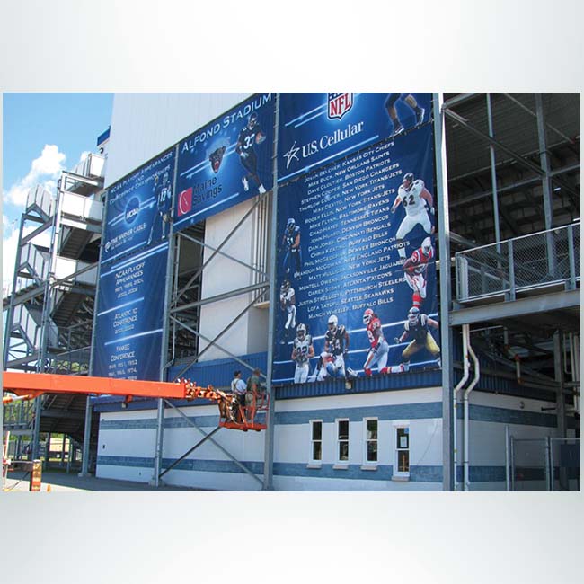 Bleacher wrap with custom logo and pictures.