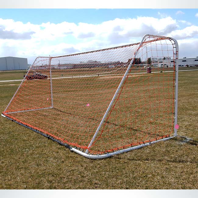 Model #FAS66186. 6'6" x 18'6" soccer goal with red net.