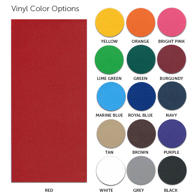 Vinyl Colors for Outdoor Padding and Gym Dividers including yellow, orange, bright pink, lime green, green, burgundy, marine blue, royal blue, navy, tan, brown, purple, white, grey and black.