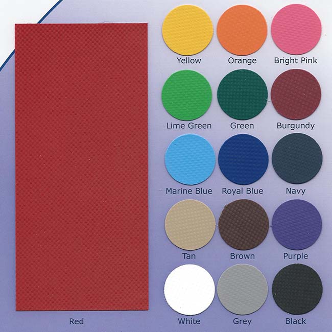 Vinyl colors for outdoor padding and gym dividers including yellow, orange, bright pink, lime green, green, burgundy, marine blue, royal blue, navy, tan, brown, purple, white, grey and black.
