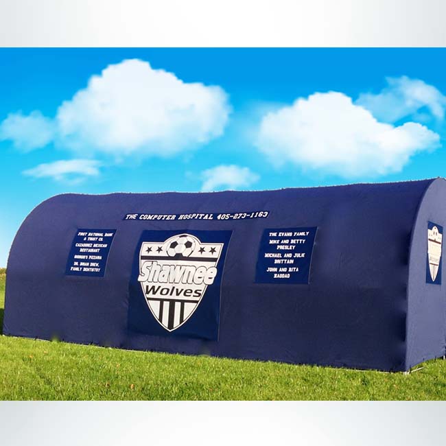 Model #SW1000176. Economy team shelter in navy blue with custom logos.