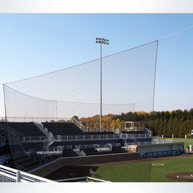 Tie-back netting in baseball stadium. Provides protection with minimal blocking of sight lines.