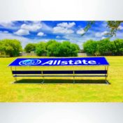 Covered athletic team bench with royal blue vinyl cover with custom logo. Custom royal blue bench.
