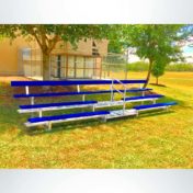 Movable 3 row bleacher with backrest and aisle. Powder coated blue.