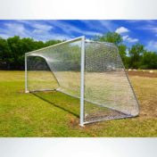 Model #MAL824. 8' x 24' movable aluminum soccer goal with logo on net.