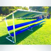 Covered athletic team bench with custom royal blue bench.