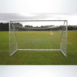 Model #ECSG3RD612. 3" round 6' x 12' aluminum soccer goal. Powder coated white. Bungee net attachment.