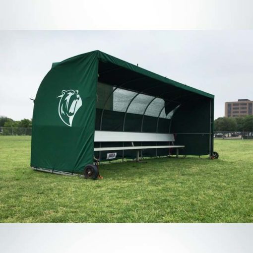 Model #SW1000. Forest green economy team sideline shelter with wind flaps and logo.