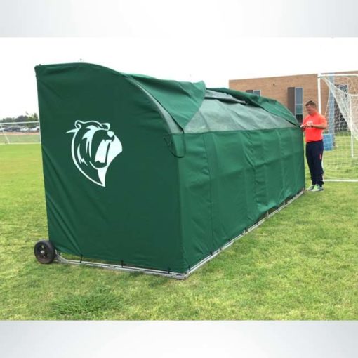 Model #SW1000. Forest green economy team sideline shelter with wind flaps and logo. Back view.