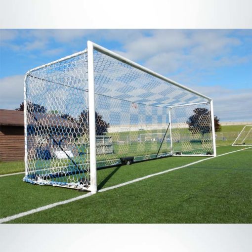 Model #M88WRD4824. Movable box style regulation size soccer goal. All caster wheels. Blue and white checkered net.