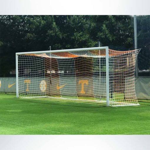 Orange and white striped soccer nets on box style Stadium Cup soccer goals.