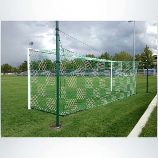 Model #ECONS80. Economy Stadium Cup soccer goal. Green and white checkered nets. Custom painted green back-up posts.