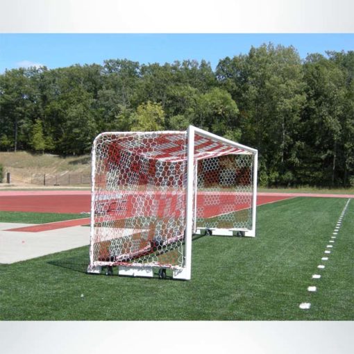 Model #M88WRD4824BOX66AC. Stadium box style soccer goal with all caster wheels. Red and white checkered hex mesh net.