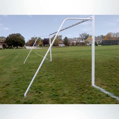 Model #P8244RDASL. Semi-permanent soccer goal with American style backstay sleeved into the ground. Back view.