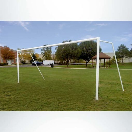 Model #P8244RDASL. Semi-permanent soccer goal with American style backstay sleeved into the ground.