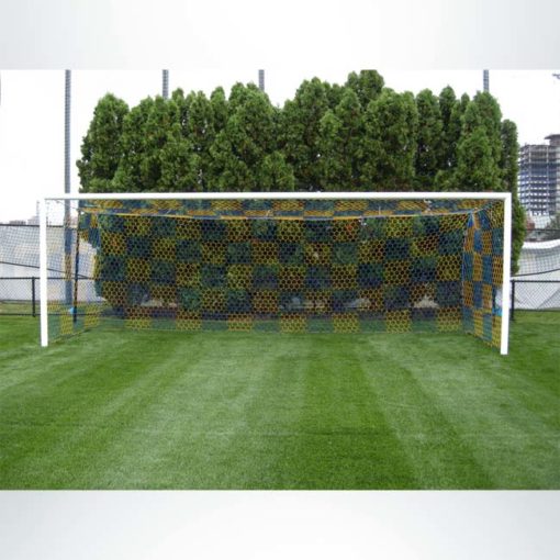 Model #S80. Stadium Cup soccer goal. Blue and gold checkered net.